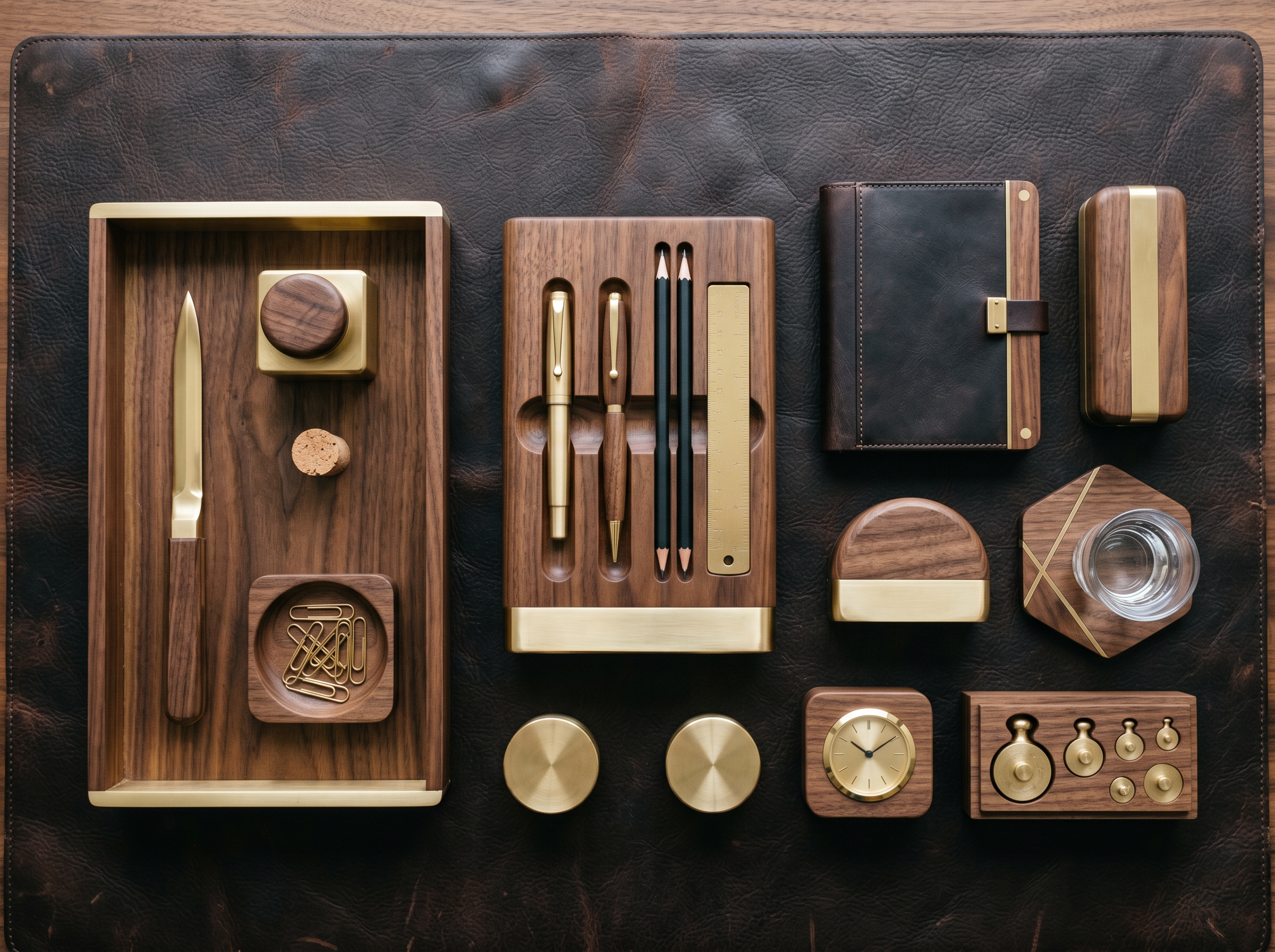 Chuck L Desk Set Walnut & Brass